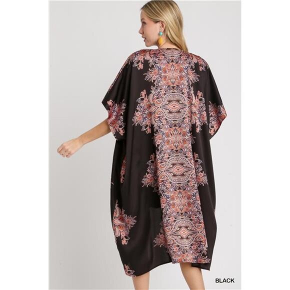 Umgee Satin Border Print Short Sleeve Open Front Kimono - Picture 2 of 4